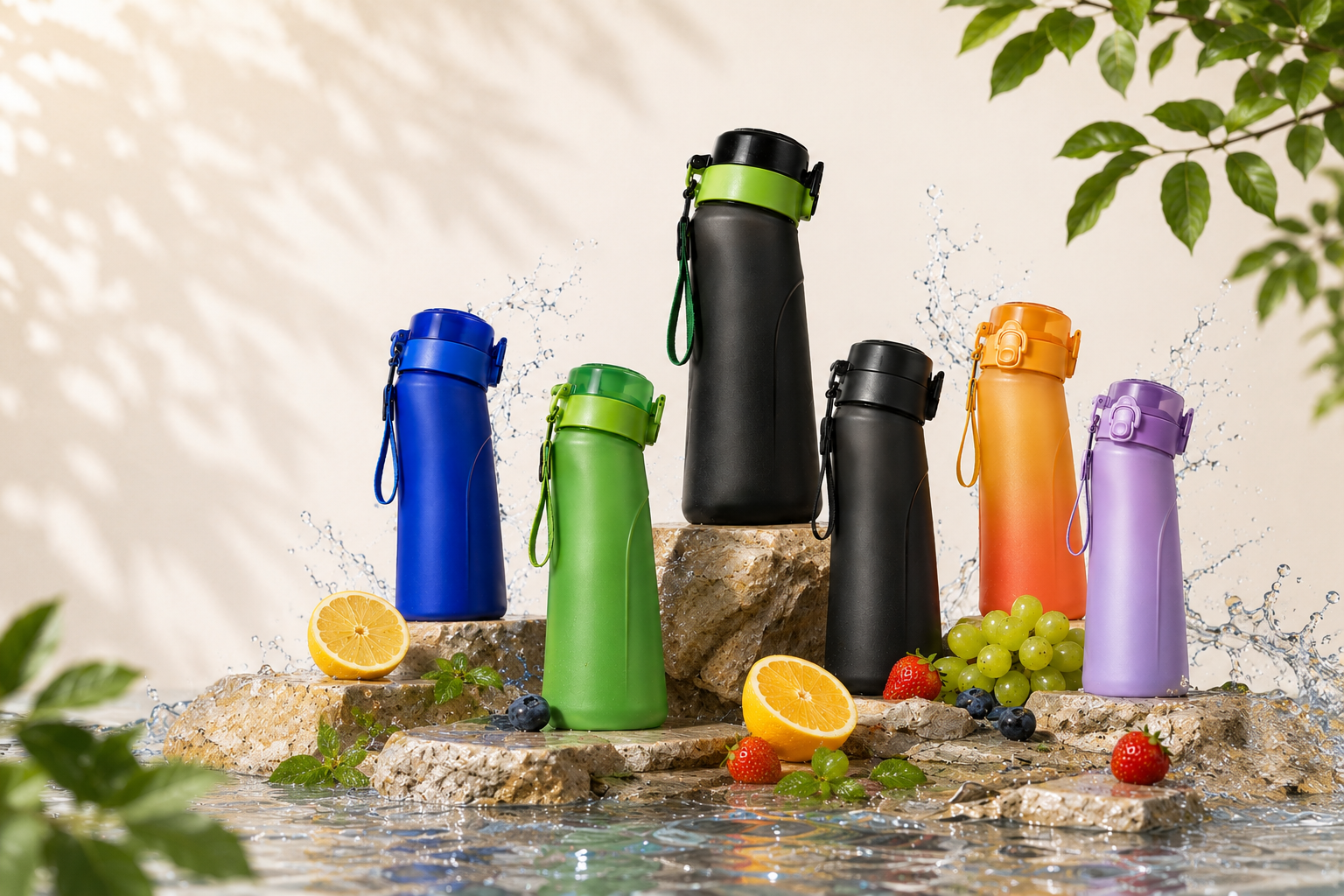 flavored water Bottles on Splashing Rocks