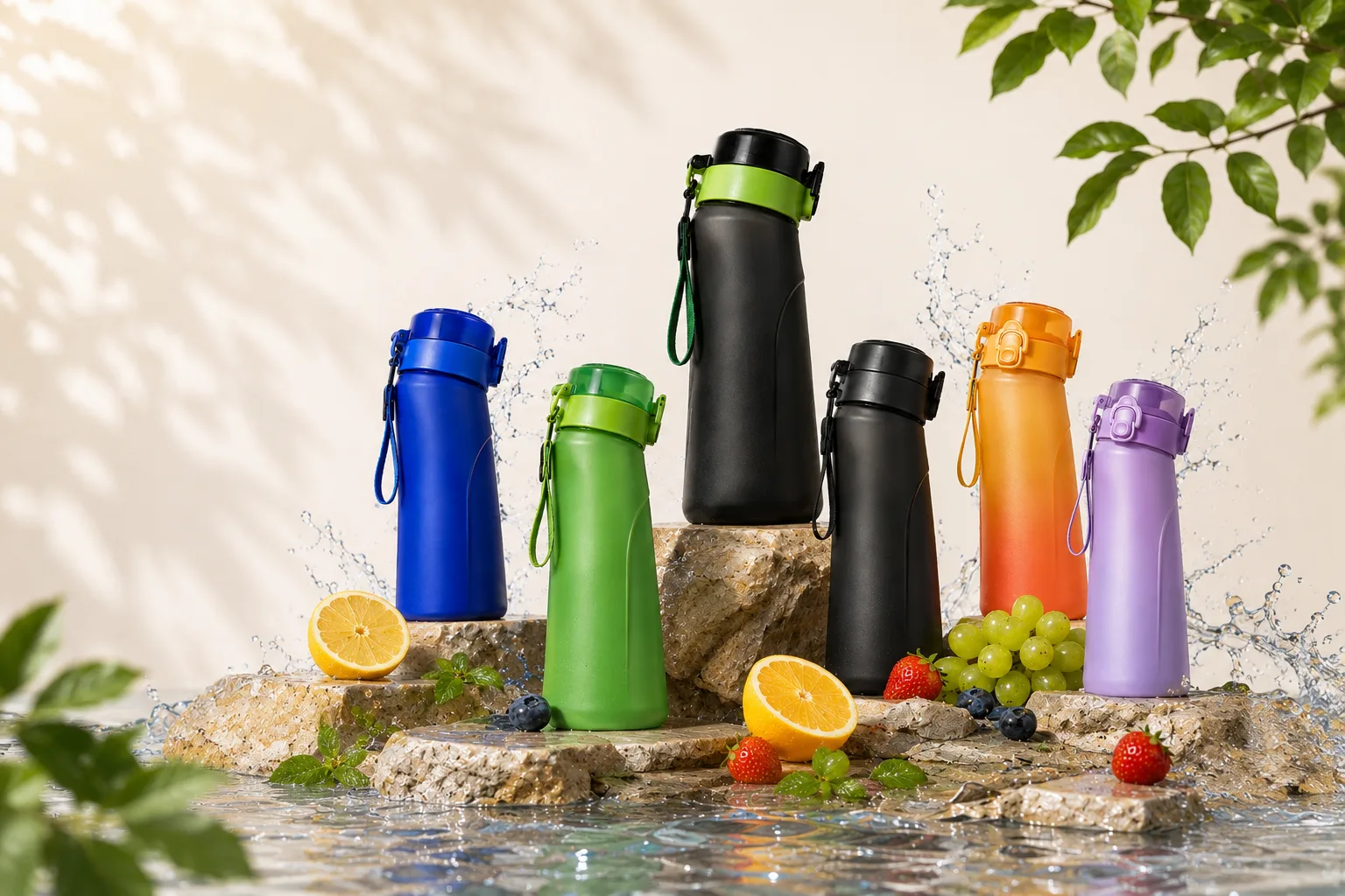 flavored water Bottles on Splashing Rocks flavored water Bottles on Splashing Rocks